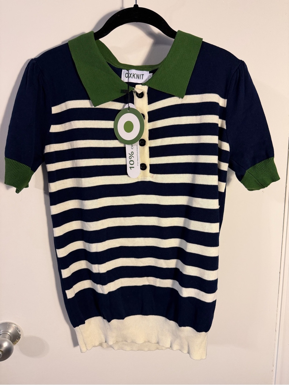 OXKNIT Navy & White Striped Polo with Green Collar Small NWT - Picture 2 of 5